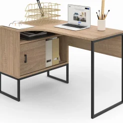 Bureau d'angle industriel noir et façon hêtre