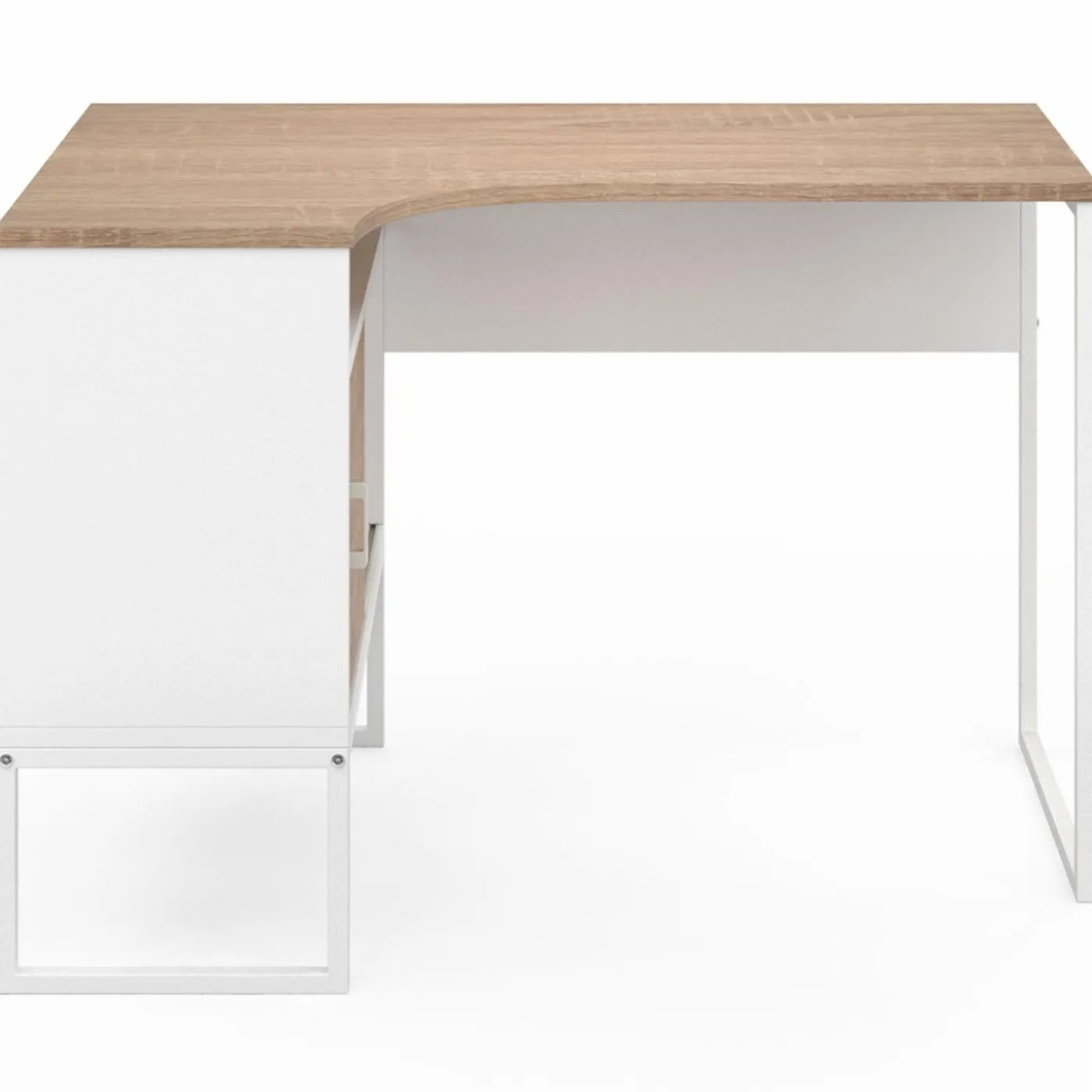 Bureau d’angle industriel métal blanc et bois façon hêtre