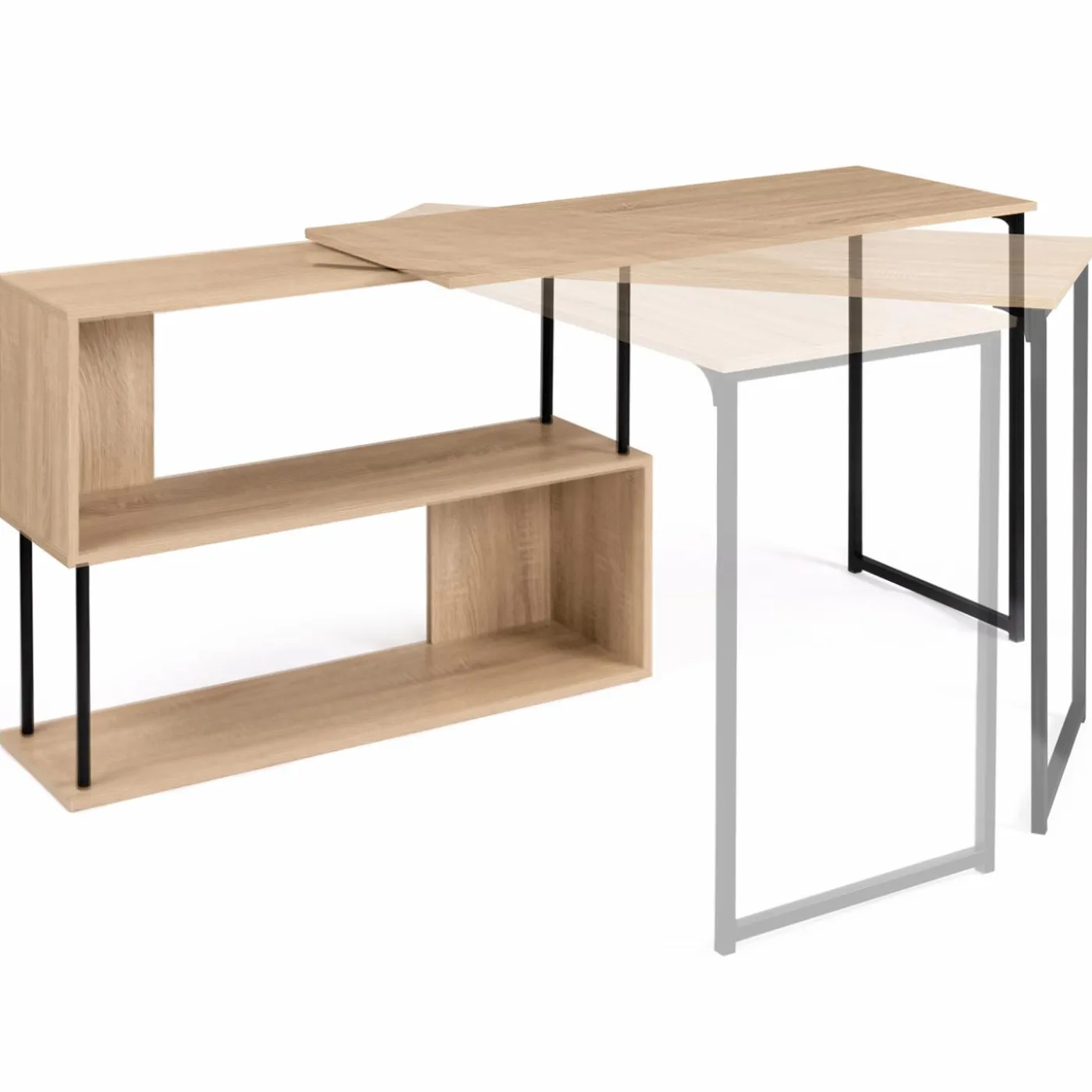 Bureau d’angle rotatif 180° industriel avec étagère forme S