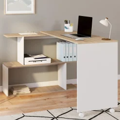 Bureau d'angle rotatif en bois hêtre et blanc