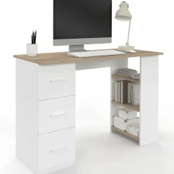 Bureau droit 3 tiroirs avec étagères de rangement blanc et bois