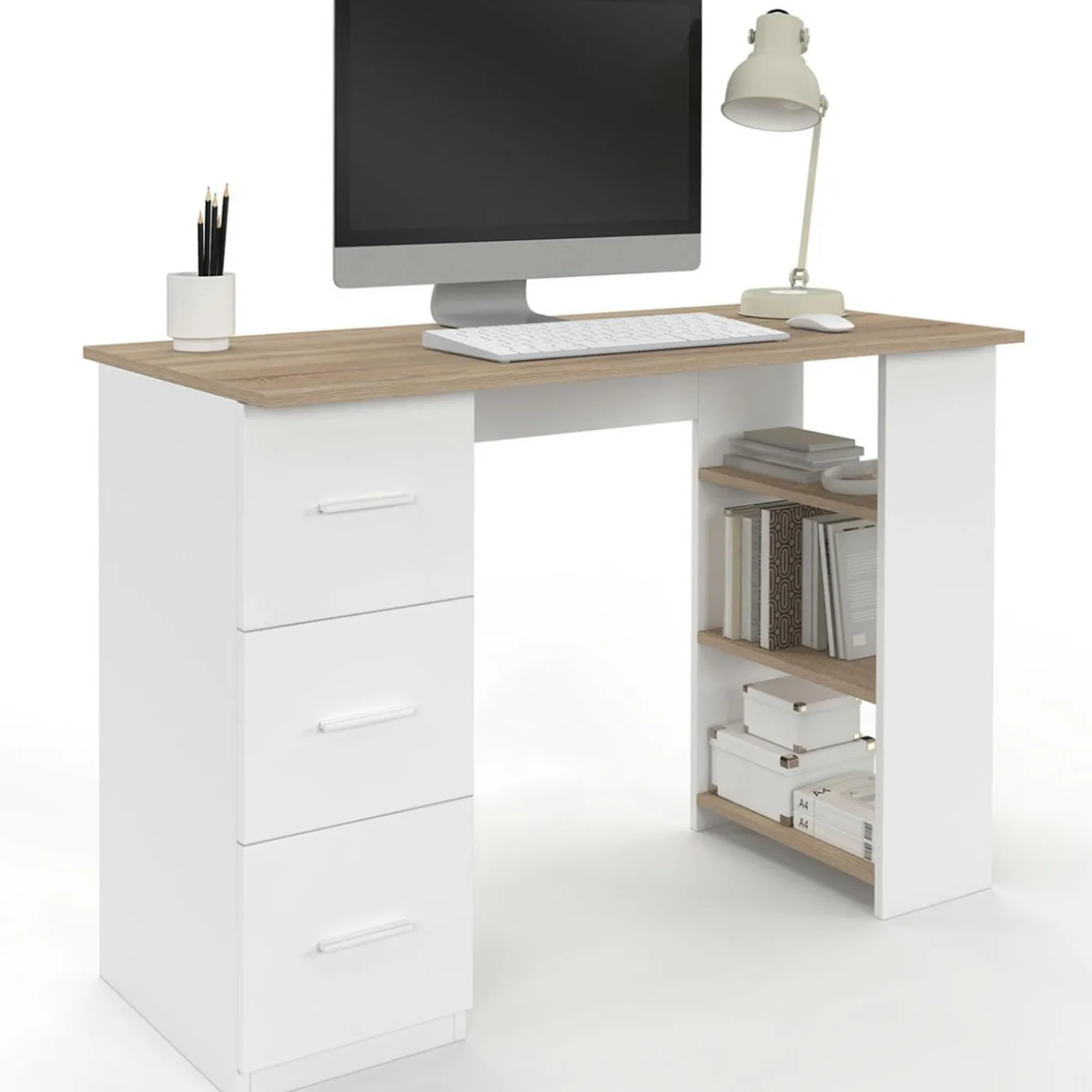 Bureau droit 3 tiroirs avec étagères de rangement blanc et bois