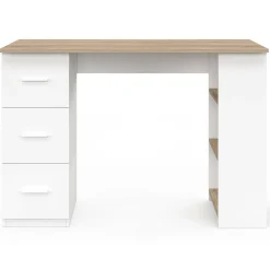 Bureau droit 3 tiroirs avec étagères de rangement blanc et bois