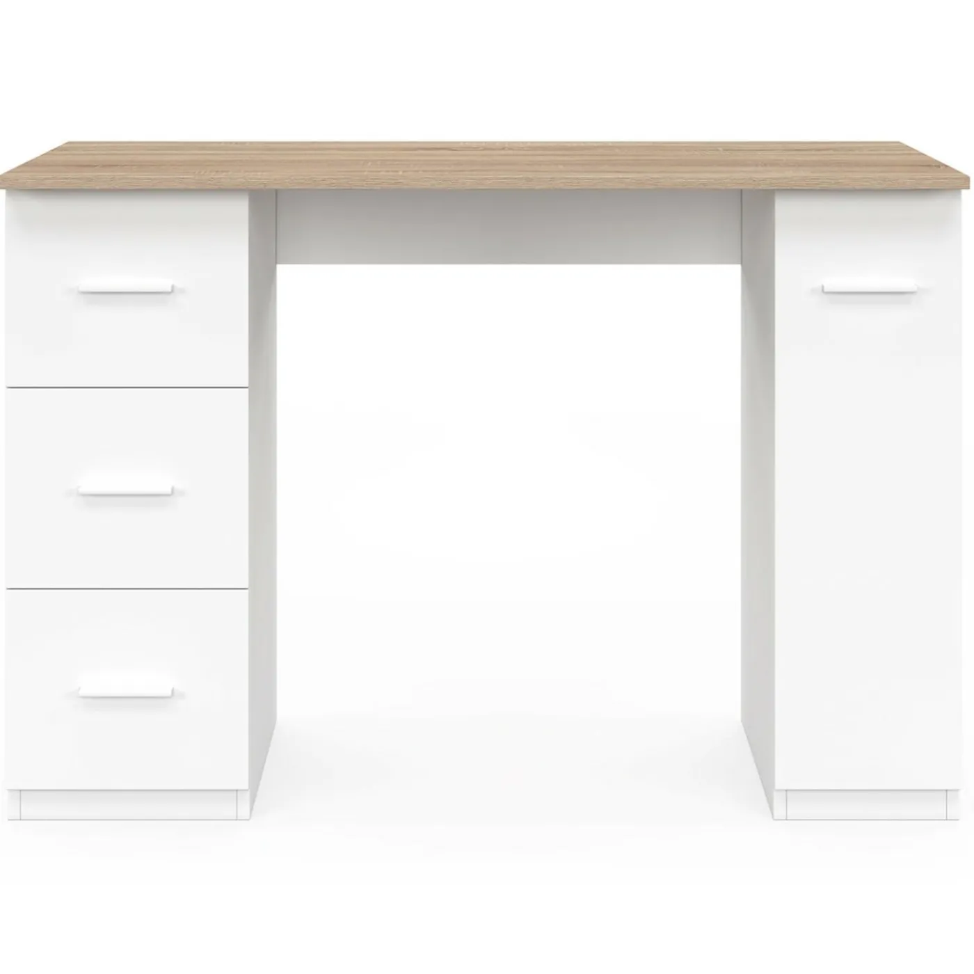 Bureau droit 3 tiroirs et porte placard blanc et bois