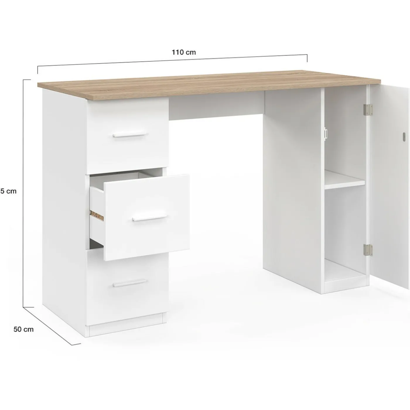 Bureau droit 3 tiroirs et porte placard blanc et bois