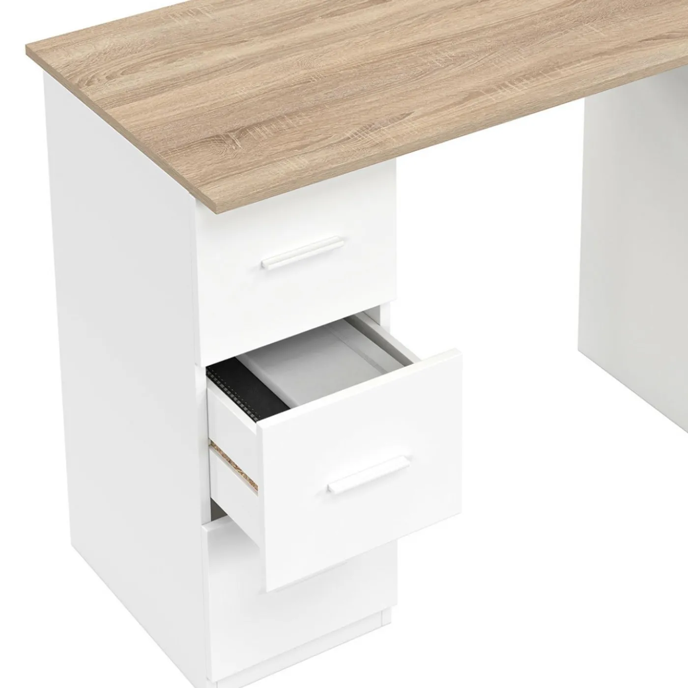 Bureau droit 3 tiroirs et porte placard blanc et bois