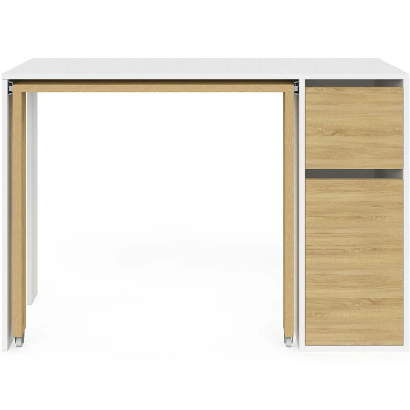 Bureau extensible blanc et bois avec rangements
