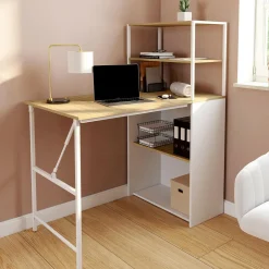 Bureau pliable avec étagères bois façon hêtre et blanc