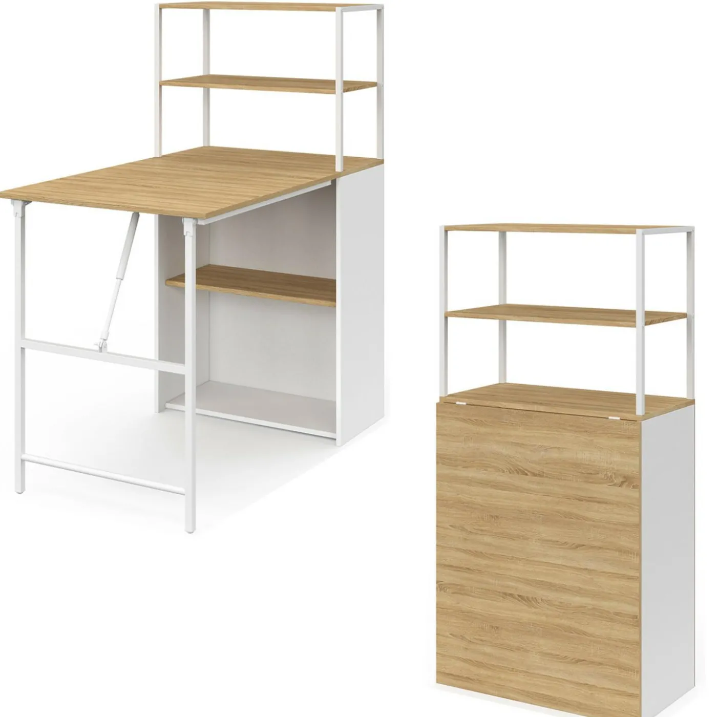 Bureau pliable avec étagères bois façon hêtre et blanc