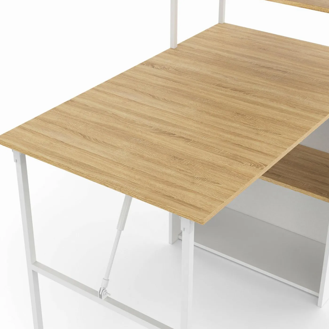 Bureau pliable avec étagères bois façon hêtre et blanc