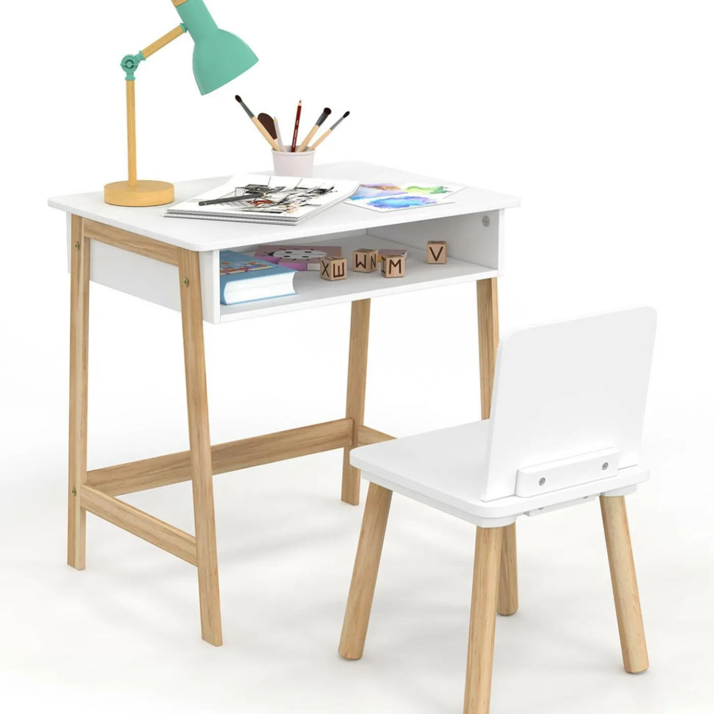 Bureau pour enfant + chaise bois et blanc avec niche