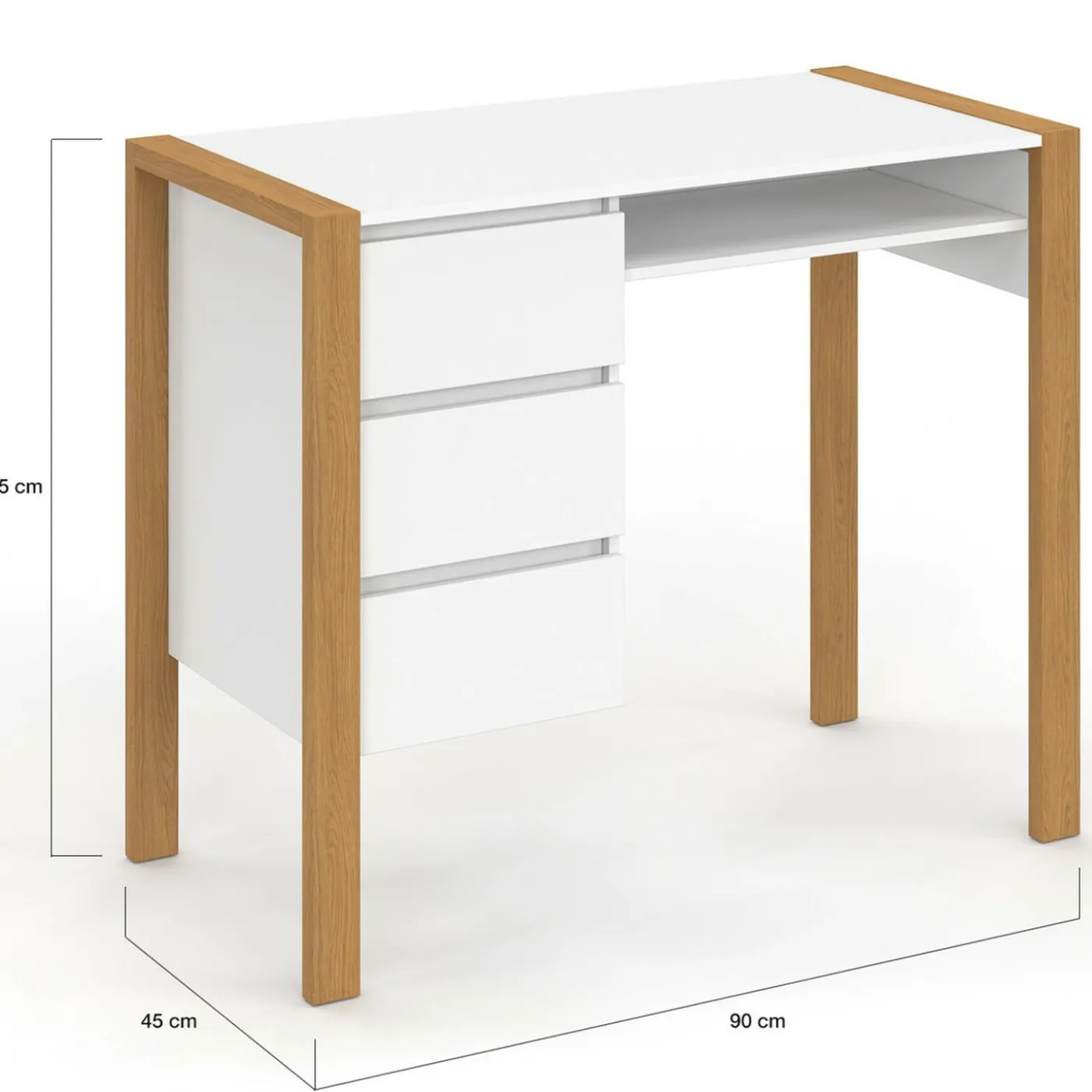 Bureau scandinave blanc et bois avec 3 tiroirs et niche