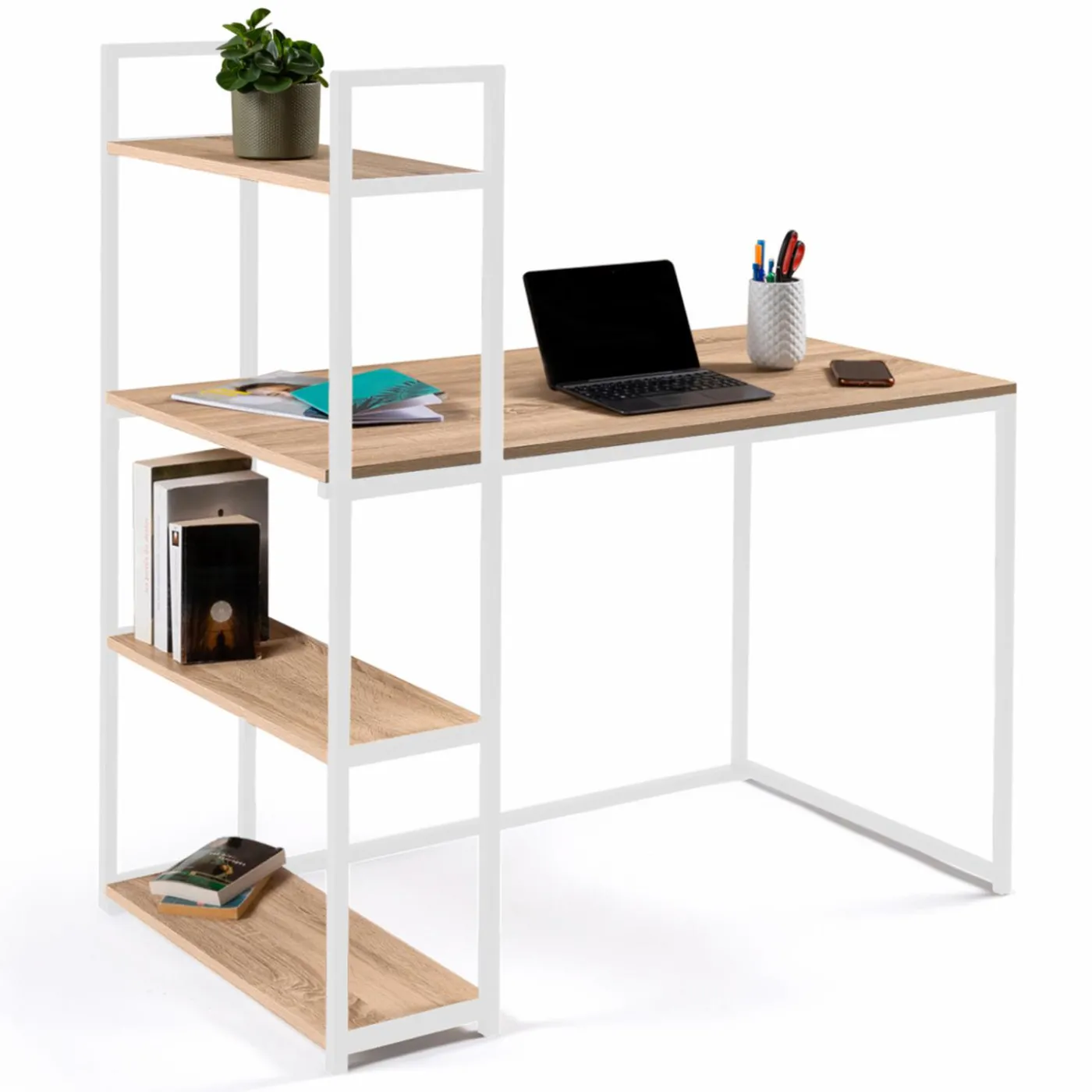 Bureau style industriel en métal blanc et bois avec étagères