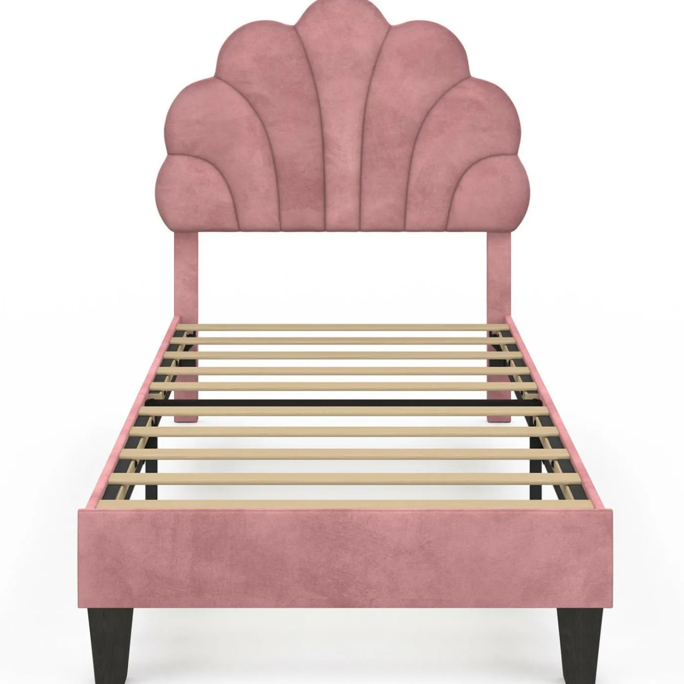 Cadre de lit simple coquillage avec sommier 90 x 190 cm velours rose poudré