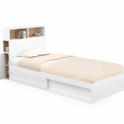 Cadre de lit simple 90x190 cm blanc et hêtre avec tête de lit et rangement