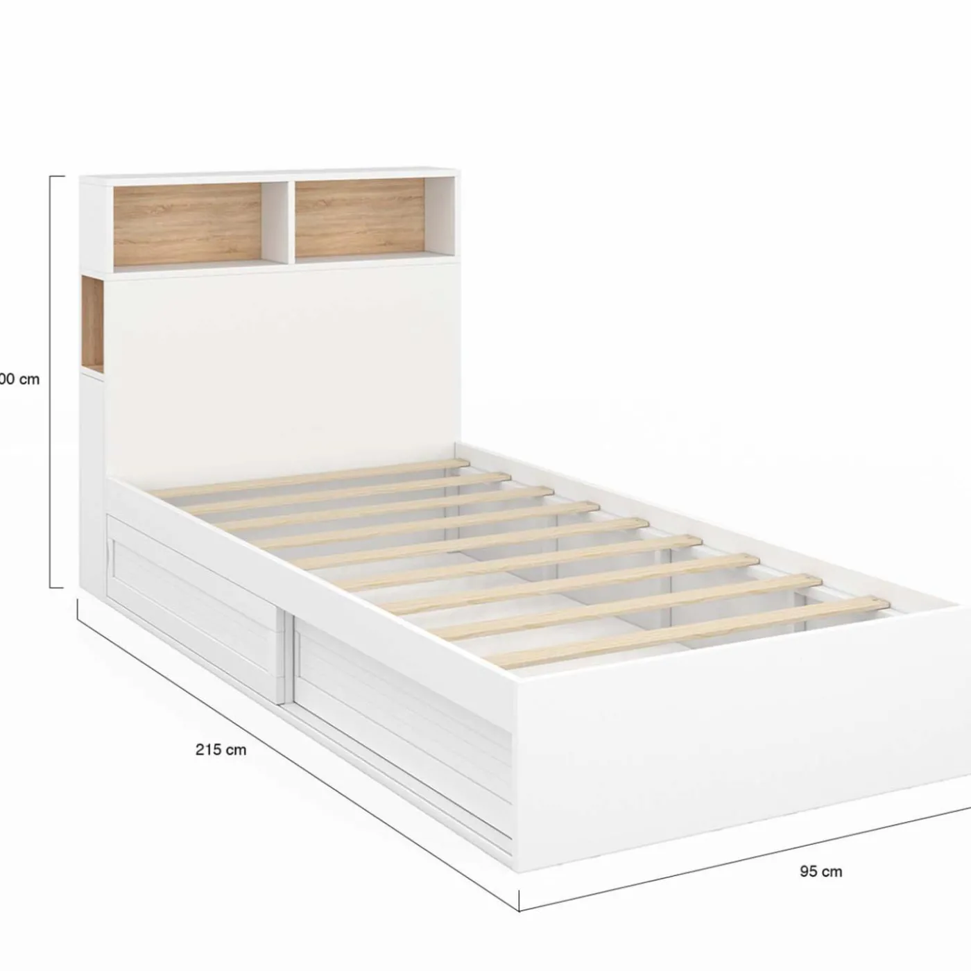 Cadre de lit simple 90x190 cm blanc et hêtre avec tête de lit et rangement