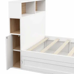 Cadre de lit simple 90x190 cm blanc et hêtre avec tête de lit et rangement