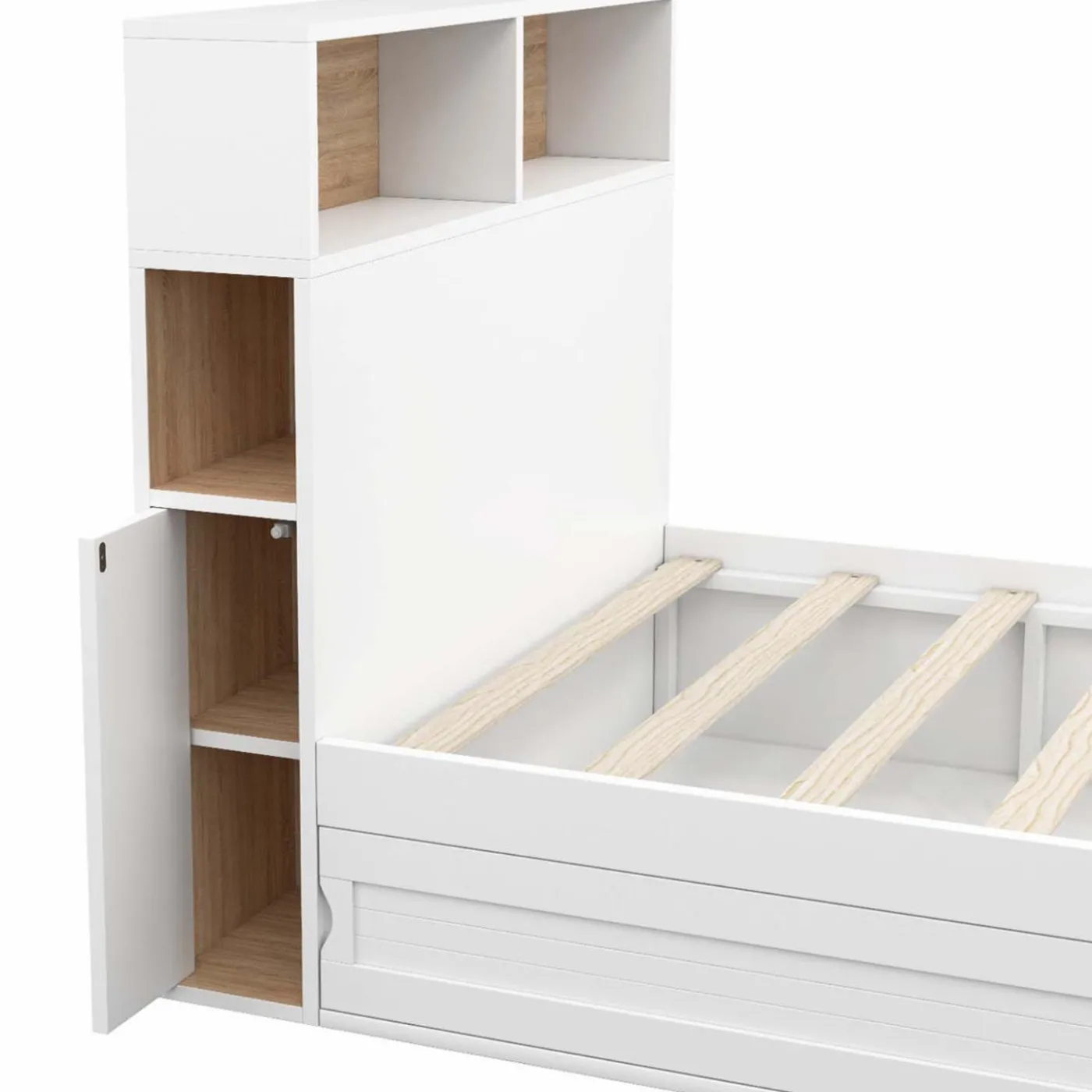Cadre de lit simple 90x190 cm blanc et hêtre avec tête de lit et rangement