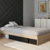 Cadre de lit simple 90x190 cm bois façon hêtre et noir avec rangement et sommier 10 lattes