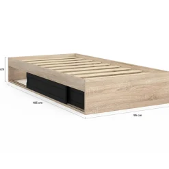 Cadre de lit simple 90x190 cm bois façon hêtre et noir avec rangement et sommier 10 lattes