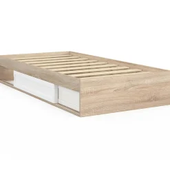 Cadre de lit simple 90x190 cm bois façon hêtre et blanc avec rangement et sommier 10 lattes