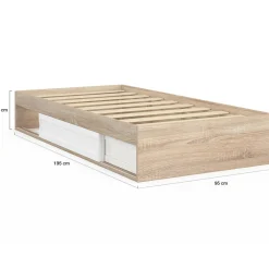 Cadre de lit simple 90x190 cm bois façon hêtre et blanc avec rangement et sommier 10 lattes