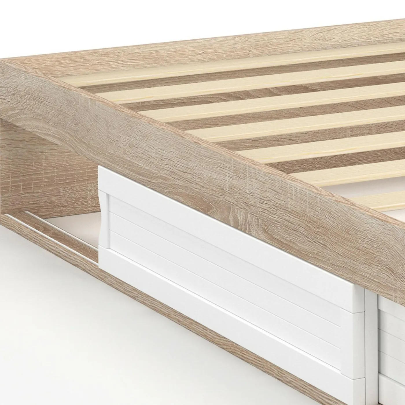 Cadre de lit simple 90x190 cm bois façon hêtre et blanc avec rangement et sommier 10 lattes