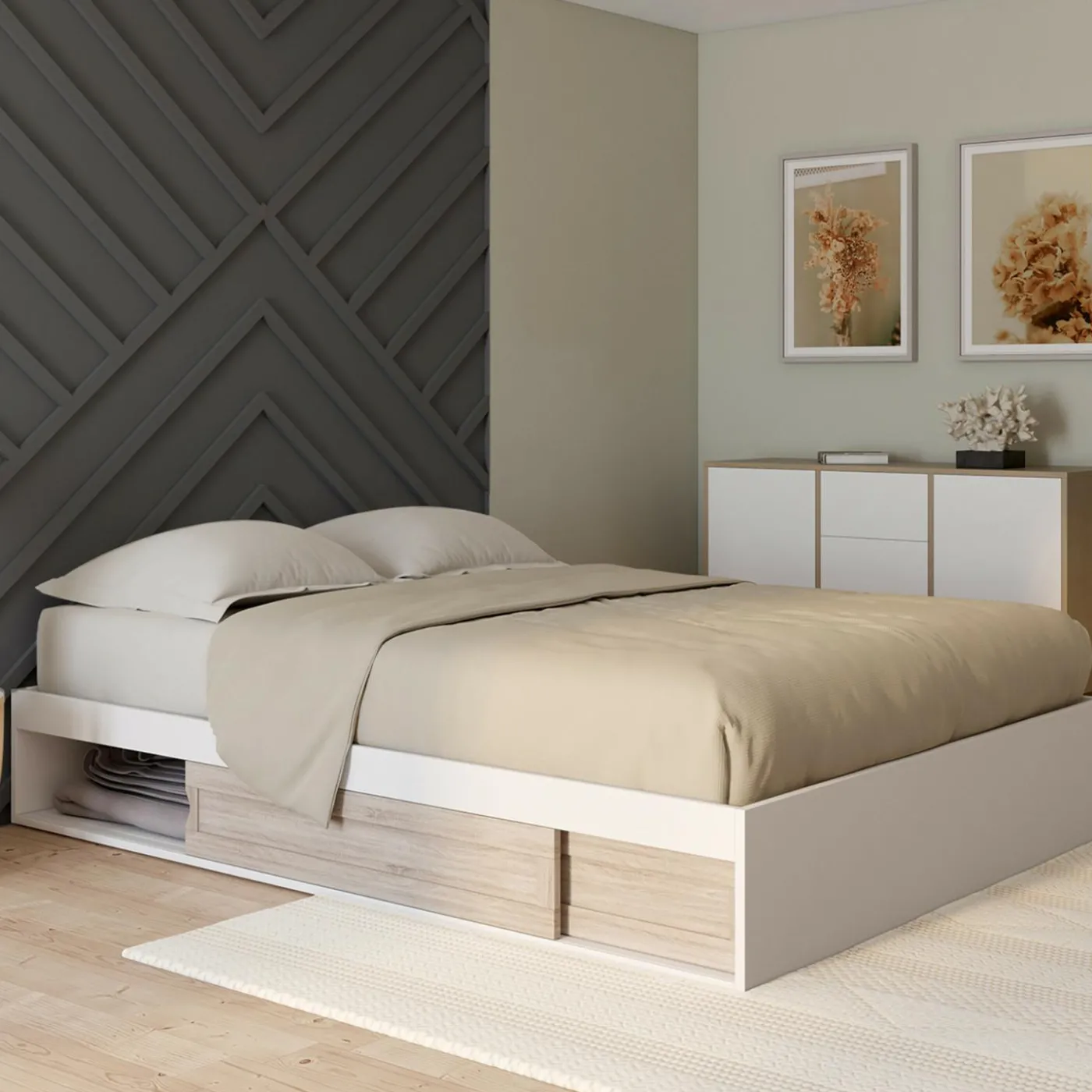 Cadre de lit 140x190 cm avec sommier et rangements blanc et bois façon hêtre