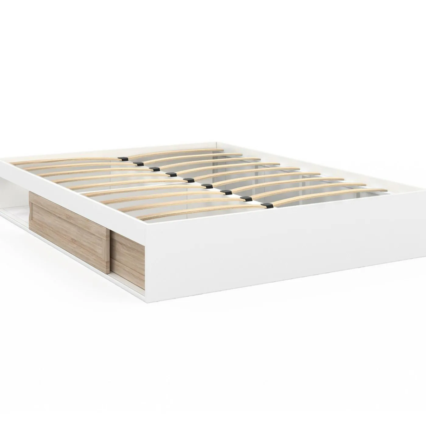 Cadre de lit 140x190 cm avec sommier et rangements blanc et bois façon hêtre