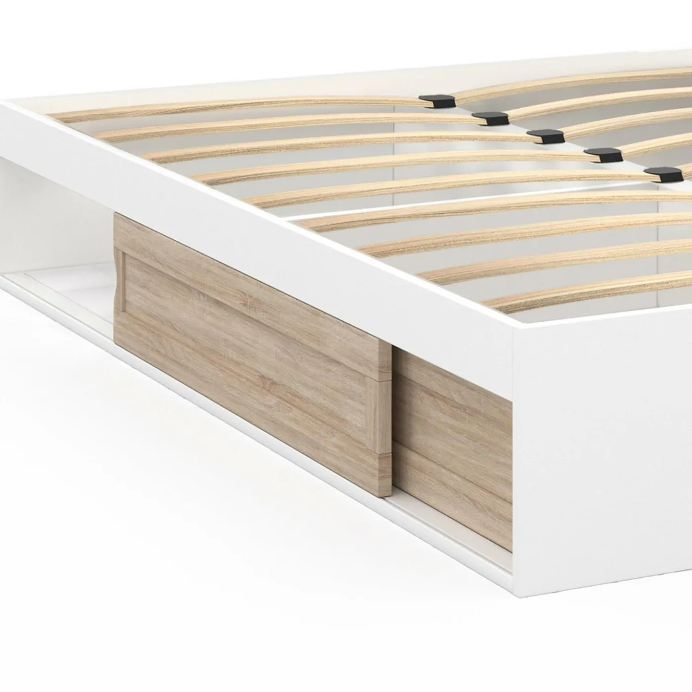 Cadre de lit 140x190 cm avec sommier et rangements blanc et bois façon hêtre
