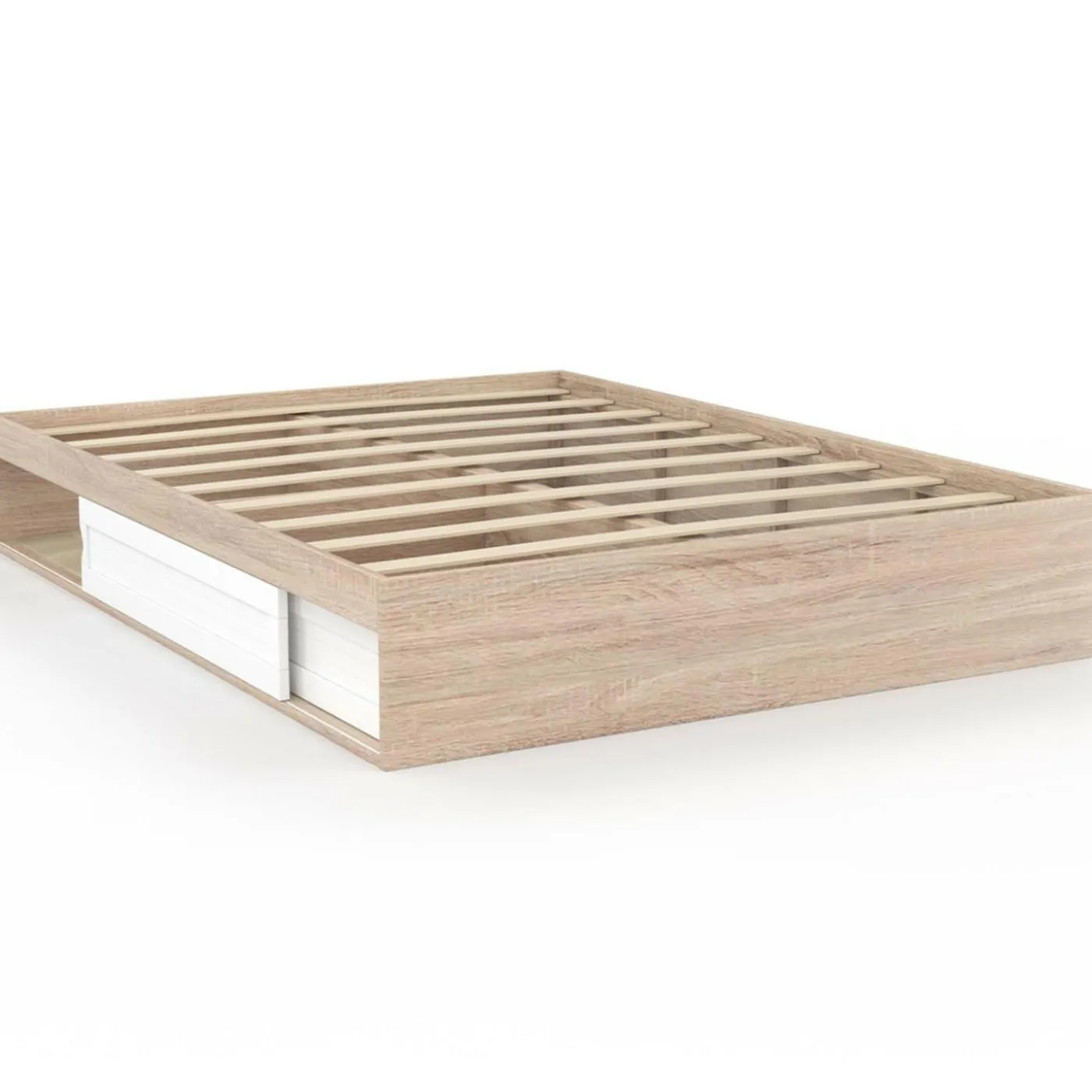 Cadre de lit 140x190 cm avec sommier et rangements blanc et bois