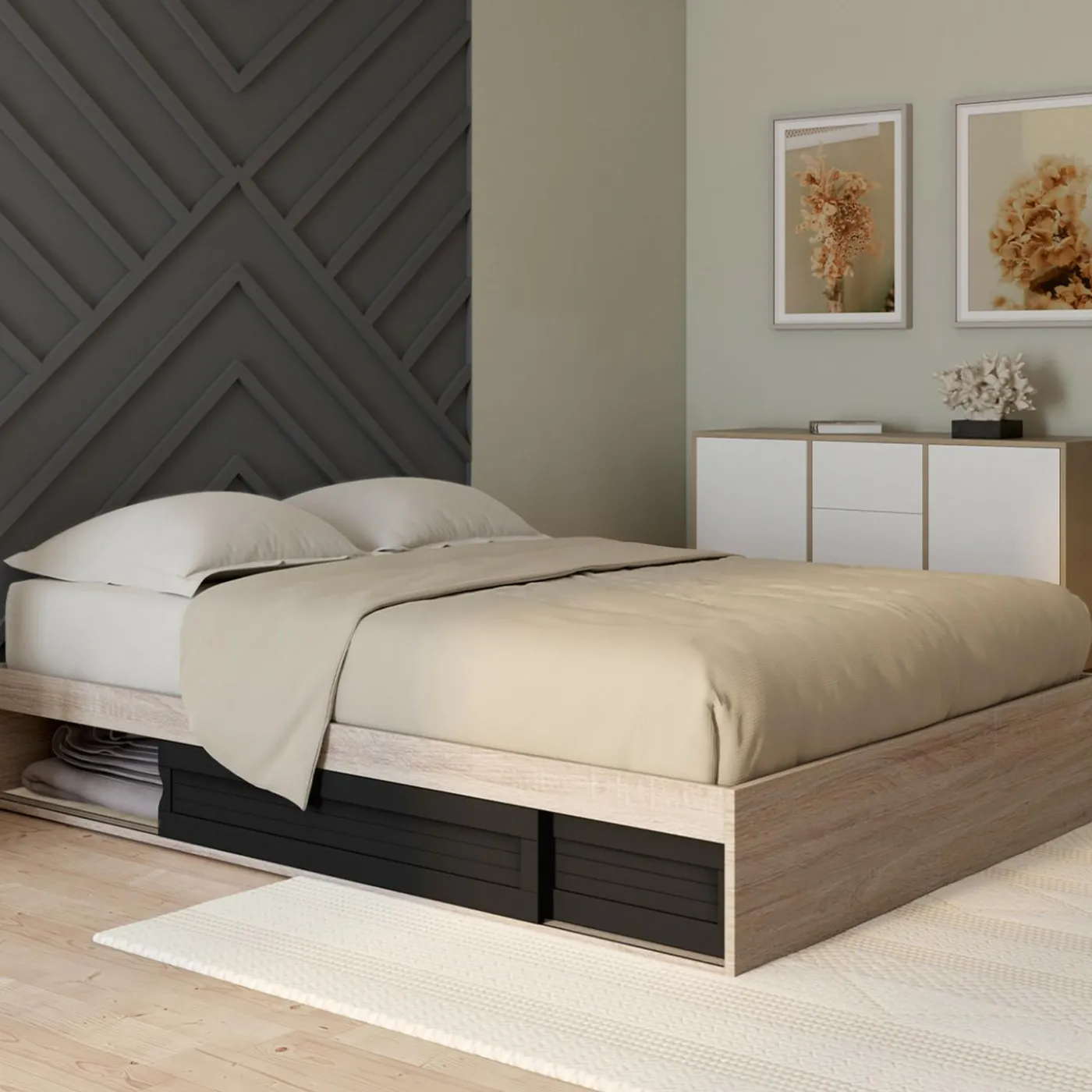 Cadre de lit 140x190 cm avec sommier et rangements noir et bois
