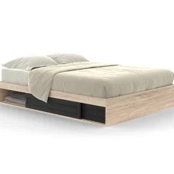 Cadre de lit 140x190 cm avec sommier et rangements noir et bois