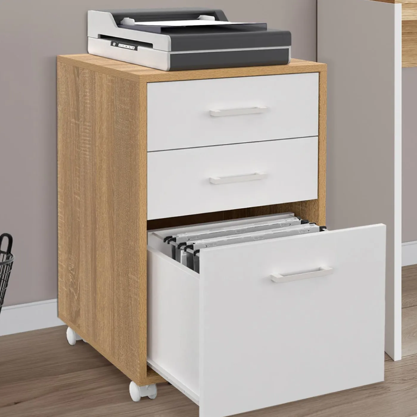 Caisson de bureau bois et blanc avec 3 tiroirs