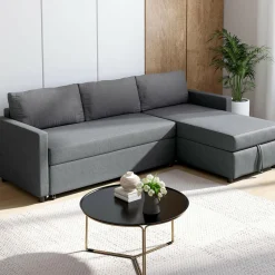 Canapé avec méridienne convertible en tissu gris anthracite