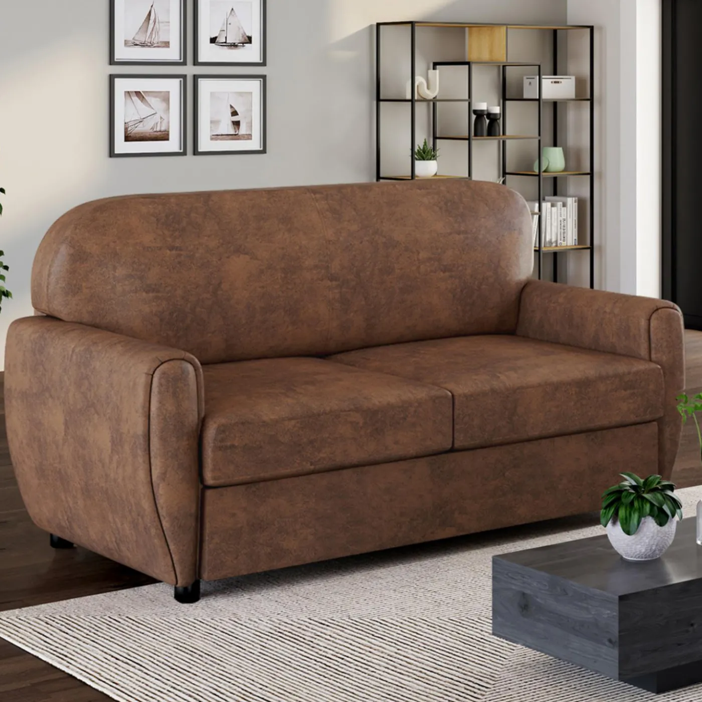 Canapé droit vintage marron effet vieilli