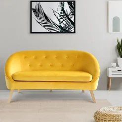 Canapé velours jaune rétro chic pieds en bois