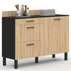 Casserolier bois noir et façon hêtre 120 cm plan de travail H.83 cm 1 porte + 3 tiroirs