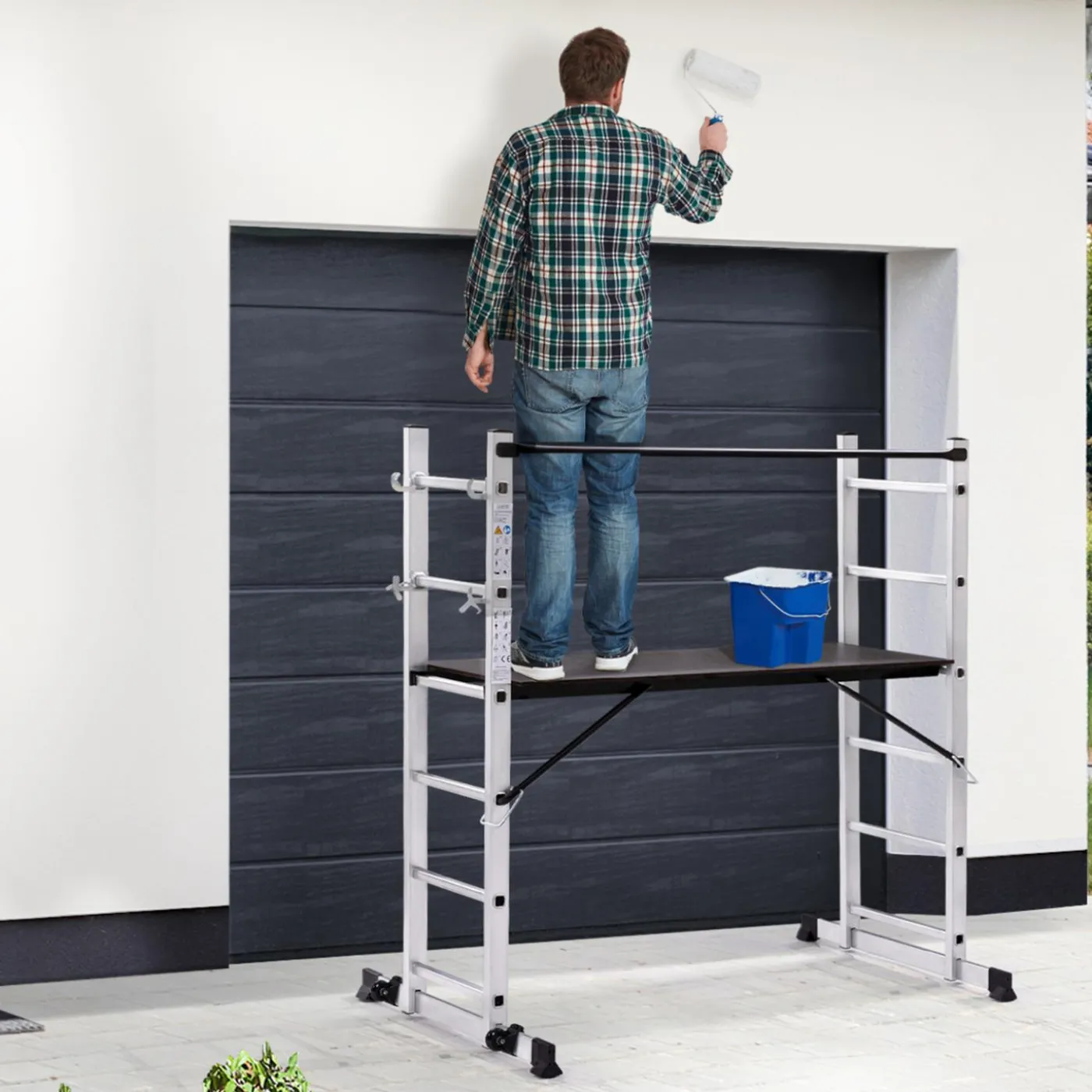 Échafaudage aluminium plateforme modulable avec échelle multifonction, sur roues, 165 cm