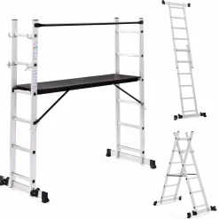 Échafaudage aluminium plateforme modulable avec échelle multifonction, sur roues, 165 cm
