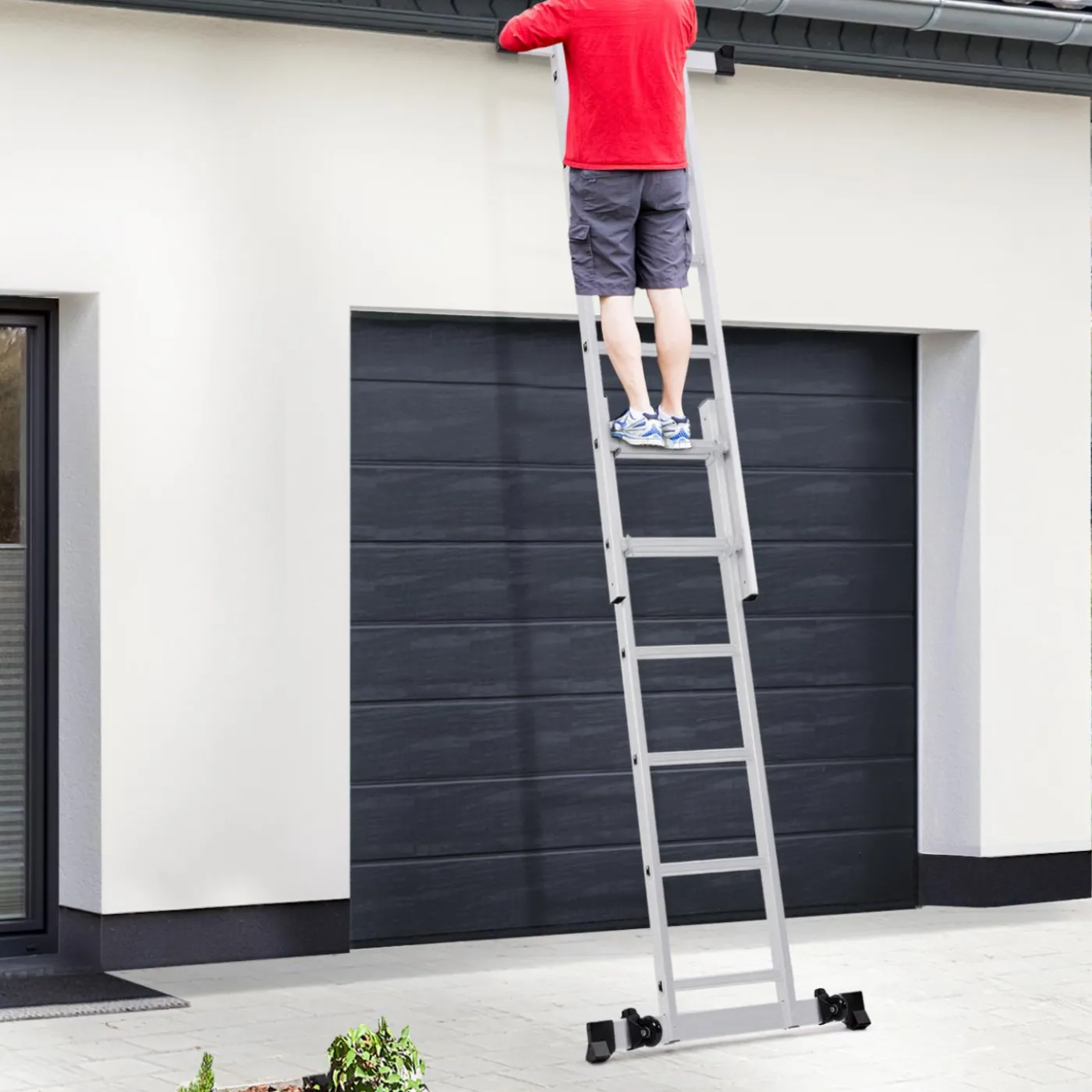 Échafaudage aluminium plateforme modulable avec échelle multifonction, sur roues, 165 cm
