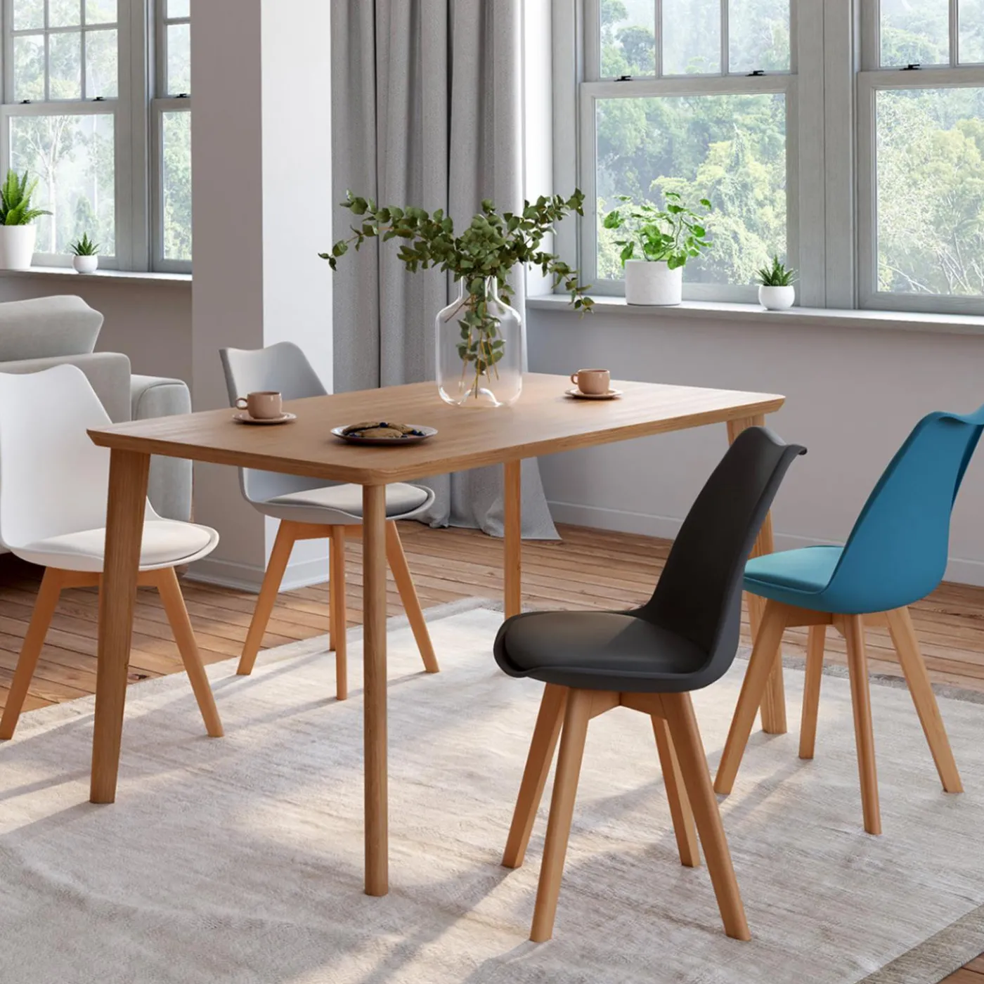 Chaises scandinaves 4 couleurs : gris foncé, gris clair, blanc et bleu