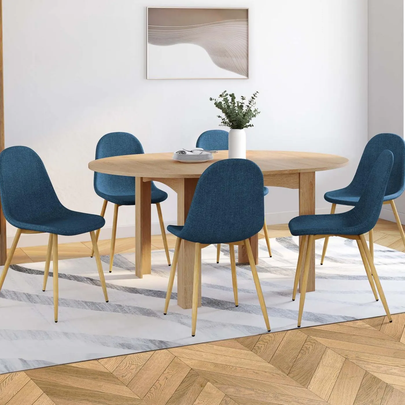 Chaises scandinaves en tissu bleu canard pour salle à manger