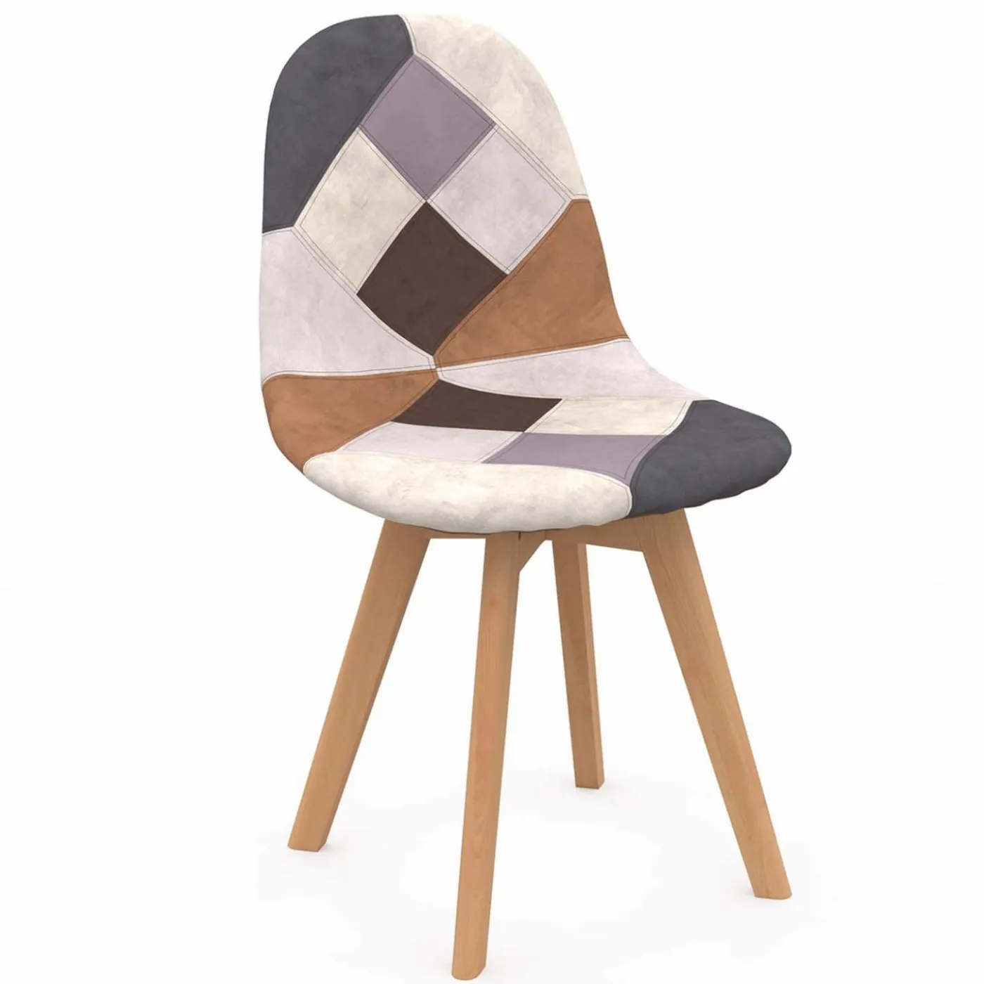 Chaises scandinaves mix color : gris foncé, gris clair, patchworks marron