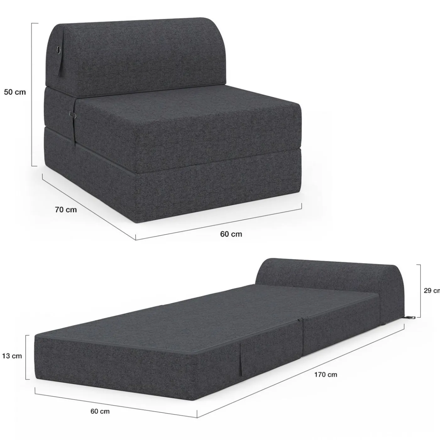 Chauffeuse convertible 1 place en tissu gris anthracite