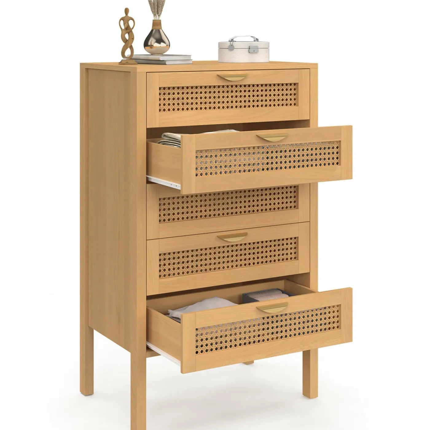 Chiffonier commode semainier cannage bois 5 tiroirs 60 cm
