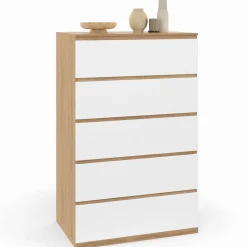 Chiffonier commode semainier bois façon hêtre et blanc 60 cm 5 tiroirs