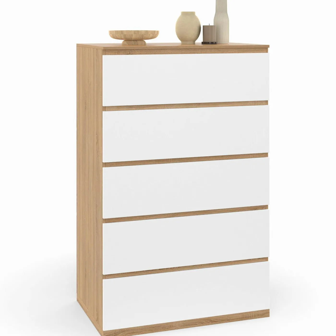 Chiffonier commode semainier bois façon hêtre et blanc 60 cm 5 tiroirs