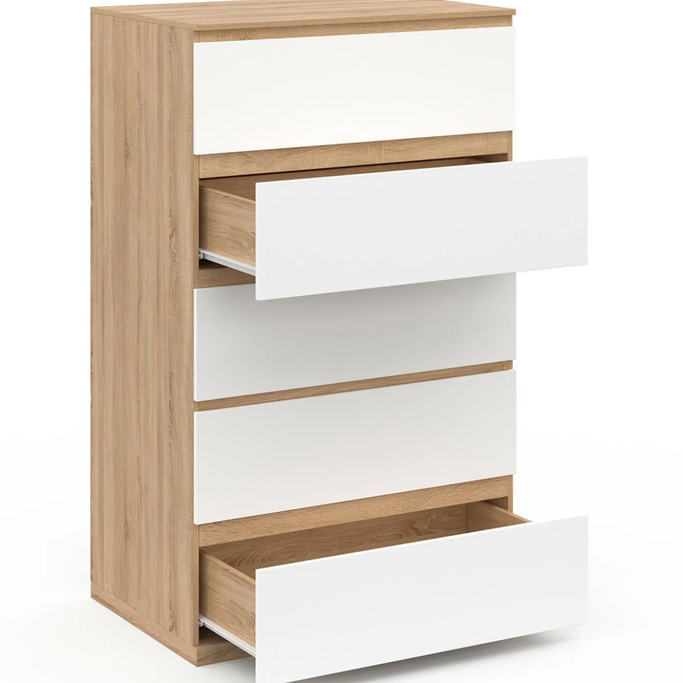 Chiffonier commode semainier bois façon hêtre et blanc 60 cm 5 tiroirs