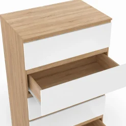 Chiffonier commode semainier bois façon hêtre et blanc 60 cm 5 tiroirs